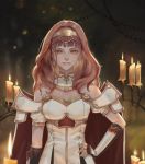  1girl absurdres artist_name azto_dio bangs black_gloves breasts candle celica_(fire_emblem) corruption dark_persona earrings fingerless_gloves fire_emblem fire_emblem_echoes:_shadows_of_valentia fire_emblem_heroes gloves glowing gold_hairband hand_on_hip highres jewelry looking_down orange_eyes red_hair small_breasts smirk 