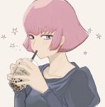  1girl alison78gun beige_background blue_eyes bubble_tea drinking drinking_straw gundam gundam_zz haman_karn highres holding_drink looking_to_the_side pink_hair short_hair solo star_(symbol) zeon 