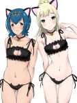  2girls animal_ears arms_behind_back ass_visible_through_thighs bangs bell bell_choker black_choker blonde_hair blue_eyes blue_hair blush braid breast_cutout breasts choker cleavage closed_mouth commentary_request green_eyes green_hair hairband hand_up highres lillie_(pokemon) long_hair looking_at_viewer multiple_girls navel nishikino_kee no_sclera parted_lips paw_pose pokemon pokemon_(game) pokemon_sm shiny shiny_hair shiny_skin short_hair simple_background suiren_(pokemon) teeth thigh_gap white_background 