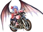  1girl :d back_bow bat_wings black_legwear blue_hair bow commentary doitsuken eyebrows_visible_through_hair fangs ground_vehicle hair_ornament helmet looking_at_viewer motor_vehicle motorcycle motorcycle_helmet open_mouth pantyhose pink_footwear pink_shirt pink_skirt puffy_short_sleeves puffy_sleeves red_bow red_eyes remilia_scarlet riding shirt shoe_bow shoes short_hair short_sleeves simple_background sitting skirt slit_pupils smile solo spread_wings touhou white_background wings 