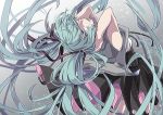  1girl alternate_costume arms_behind_head black_skirt blue_eyes blue_hair floating_hair from_above from_behind hatsune_miku head_tilt highres long_hair looking_to_the_side rihiyaa skirt solo vocaloid 
