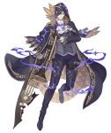  1boy bicorne black_gloves black_hair boots cloak cravat formal full_body glasses gloves gold_trim gradient_hair hair_over_one_eye hameln_(sinoalice) hat holding holding_instrument holding_sword holding_weapon instrument ji_no looking_at_viewer multicolored_hair official_art purple_hair red_eyes sinoalice solo suit sword thigh_boots thighhighs transparent_background trombone two-tone_hair weapon 