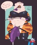  absurd_res anthro bdsm_gear big_breasts breasts buxbi_(character) clothing dildo domino_mask felid female hi_res kaidzsu legwear mammal mask nipple_outline overweight overweight_anthro overweight_female pantherine sex_toy solo speech_bubble strapon thigh_highs tiger whip 