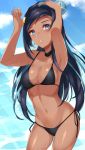  1girl absurdres armpits arms_up ass_visible_through_thighs bangs bare_shoulders bikini black_bikini black_choker black_hair blue_eyes blue_hair blue_sky blush breasts choker cleavage collarbone commentary_request cowboy_shot dark_skin earrings groin gym_leader hair_bun hand_on_own_head haneramu highres hoop_earrings jewelry light_rays long_hair looking_at_viewer medium_breasts midriff multicolored_hair navel parted_lips pokemon pokemon_(game) pokemon_swsh rurina_(pokemon) side-tie_bikini sidelocks skindentation sky solo standing sunbeam sunlight swept_bangs swimsuit two-tone_hair wet 