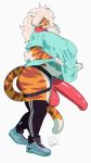  9:16 anthro bottomless buxbi_(character) clothed clothing dildo felid female footwear hi_res kaidzsu legwear mammal oversized_shirt pantherine sex_toy shoes simple_background sneakers solo strapon thigh_highs tiger 