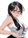  armpit_peek black_hair blush breasts collared_shirt glasses green_eyes hair_between_eyes himeliofon lanyard large_breasts messy_hair mole mole_on_cheek mole_under_eye office_lady original parted_hair rectangular_eyewear shirt sleeveless sleeveless_shirt tented_shirt 