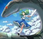  1girl animal belly_peek blue_skirt cloud collared_shirt detached_sleeves flying frog_hair_ornament giant_snake gohei green_eyes green_hair hair_ornament hair_tubes iroiro_yaru_hito kochiya_sanae lens_flare long_hair outstretched_arms oversized_animal petticoat shirt shoes skirt sky snake snake_hair_ornament socks spread_arms touhou 