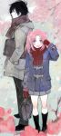  1boy 1girl bag black_hair coat gloves hair_over_one_eye hood hood_down hooded_coat long_hair mikakunin_de_shinkoukei mitsumine_hakuya nishihara_isao pale_skin pink_hair purple_eyes scarf school_bag short_hair two_side_up winter_clothes winter_coat yonomori_kobeni 