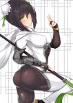  1girl absurdres arm_guards ass bangs black_gloves black_hair blush bodysuit breasts brown_bodysuit bun_cover cape closed_mouth double_bun elbow_gloves fate/grand_order fate_(series) fingerless_gloves gloves green_eyes green_ribbon hair_between_eyes hair_ribbon highres large_breasts long_hair looking_at_viewer nanakaku polearm qin_liangyu_(fate) ribbon sidelocks skin_tight smile spear thighs v weapon white_bodysuit white_cape 