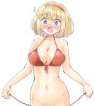  /\/\/\ 1girl alice_margatroid arnest bangs bikini blonde_hair blue_eyes blush bottomless breasts cleavage collarbone eyebrows_visible_through_hair front-tie_top groin hairband large_breasts lowleg lowleg_bikini navel notice_lines open_mouth out-of-frame_censoring red_bikini red_hairband short_hair side-tie_bikini surprised swimsuit thighs touhou untied untied_bikini white_background 