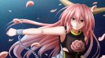  1girl armpits blurry blurry_foreground breasts chain clenched_hand commentary_request cuffs depth_of_field derivative_work flower frown furrowed_eyebrows hair_between_eyes highres horns ibaraki_douji_(touhou) large_breasts long_hair looking_at_viewer night night_sky outstretched_arm petals pink_eyes pink_flower pink_hair pink_rose rose shackles shirt sky sleeveless sleeveless_shirt solo standing star_(sky) starry_sky tabard tatsu_toyoyo touhou upper_body very_long_hair white_shirt wild_and_horned_hermit 