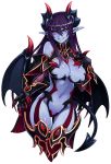  1girl absurdres bare_shoulders black_sclera blue_skin breasts claws cleavage cowboy_shot demon_(monster_girl_encyclopedia) demon_horns demon_tail demon_wings earrings enty_reward eyebrows_visible_through_hair heart heart_earrings highres horns jewelry kenkou_cross large_breasts long_hair looking_at_viewer monster_girl_encyclopedia navel official_art paid_reward pointy_ears purple_hair red_eyes simple_background smile solo sweat tail thigh_gap white_background wings 
