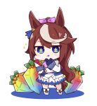  +_+ 1girl animal_ears ascot blue_eyes blue_gloves blush boots brown_hair chibi colored_shadow commentary_request epaulettes full_body gloves hair_ribbon hitomiz horse_ears horse_girl horse_tail jacket jewel_(umamusume) long_sleeves looking_at_viewer multicolored_hair parted_lips pink_neckwear pink_ribbon pleated_skirt ponytail ribbon shadow single_epaulette skirt smile solo sparkle standing streaked_hair tail tokai_teio_(umamusume) umamusume white_background white_footwear white_gloves white_jacket white_skirt 
