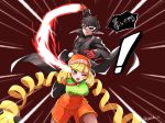  1boy 1girl amamiya_ren arms_(game) beanie black_hair black_jacket blonde_hair breasts emphasis_lines gameplay_mechanics green_eyes hat highres jacket mask mask_removed min_min_(arms) one_eye_closed open_mouth persona persona_5 red_background red_eyes shorts smile super_smash_bros. takobe 