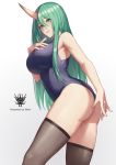  1girl aqua_hair arknights ass bangs bare_shoulders black_legwear blue_swimsuit blush breasts eyebrows_visible_through_hair grin hair_between_eyes highres horns hoshiguma_(arknights) long_hair looking_at_viewer mool_yueguang one-piece_swimsuit single_horn smile solo swimsuit thighhighs yellow_eyes 