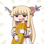  1girl :d blonde_hair blush bow cowboy_shot drunk emphasis_lines hair_bow holding horn_bow horns ibuki_suika jitome long_hair open_mouth poronegi purple_bow red_bow smile solo touhou white_background wristband 