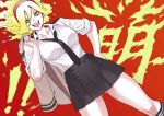  1girl :d absurdres archvermin ass_visible_through_thighs black_neckwear black_skirt blazer_removed blonde_hair boku_no_hero_academia burnin_(boku_no_hero_academia) cowboy_shot dress fiery_hair fire hairband hand_on_hip highres jacket jacket_over_shoulder jacket_removed kanji looking_at_viewer miniskirt necktie open_mouth orange_eyes partially_unbuttoned pleated_dress red_background red_hairband school_uniform shirt skirt sleeves_rolled_up smile socks solo thighs u.a._school_uniform white_shirt 