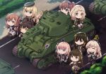  6+girls alisa_(girls_und_panzer) beret black_hair blonde_hair blue_eyes braid brown_eyes brown_hair closed_eyes crossover emblem eyepatch garrison_cap girls_frontline girls_und_panzer green_eyes ground_vehicle hat highres kay_(girls_und_panzer) m14_(girls_frontline) m16a1_(girls_frontline) m1903_springfield_(girls_frontline) m1_garand_(girls_frontline) m2hb_(girls_frontline) m4_sherman m4_sopmod_ii_(girls_frontline) m4a1_(girls_frontline) marching military military_vehicle motor_vehicle multiple_girls persocon93 ro635_(dinergate) road saunders_(emblem) saunders_military_uniform st_ar-15_(girls_frontline) street tank 