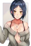  1girl absurdres bangs bare_shoulders black_hair blush border bra_strap breasts brown_eyes cleavage clothes_pull collarbone commentary_request grey_sweater hasumushi hayami_kanade highres idolmaster idolmaster_cinderella_girls jewelry large_breasts necklace parted_bangs purple_background ribbed_sweater short_hair smile solo sweater sweater_pull upper_body white_border 