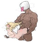  1boy 1girl abs absurdres ass babo blonde_hair blush boy_on_top breasts commentary_request crying crying_with_eyes_open cum dark_skin dark_skinned_male deep_penetration emoji fingerless_gloves fur_hat girls_frontline gloves hair_grab hair_pull hat height_difference hetero highres lifting_person long_hair muscle nagant_revolver_(girls_frontline) nipples nose_blush nude overflow petite red_eyes rough_sex sex small_breasts solo_focus sticky_note stomach_bulge sweat tears thigh_pouch ushanka veins 