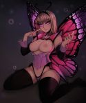  1girl absurdres antennae artist_name black_footwear blonde_hair boots breasts breasts_outside butterfly_wings commentary detached_sleeves english_commentary hairband highres honey insect_girl inverted_nipples large_breasts looking_at_viewer matilda_fiship monster_girl monster_girl_encyclopedia nipples paid_reward papillon_(monster_girl_encyclopedia) patreon_reward pink_eyes pink_wings short_hair smile solo thigh_boots thighhighs wings 