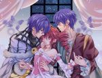  1girl 2boys arm_around_waist bare_shoulders blue_butterfly blue_eyes blue_hair choker detached_sleeves dress drill_hair fine fushigiboshi_no_futago_hime hand_on_another&#039;s_chin highres indoors looking_at_viewer multiple_boys pink_dress red_hair shade_(fushigiboshi_no_futago_hime) suzuki_(2red_moon3) tiara twin_drills window wristband 