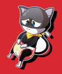  2019 anthro atlus bandanna black_body black_fur blue_eyes bodily_fluids diaper diver_(artist) domestic_cat felid feline felis fur genital_fluids hi_res male mammal megami_tensei megami_tensei_persona morgana_(persona) red_background simple_background solo touching_diaper urine video_games wet_diaper wetting white_body white_fur 