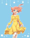  1girl :d ahiru ahoge blue_background blue_eyes braid dress freckles highres huge_ahoge long_hair long_sleeves looking_at_viewer madichka open_mouth orange_hair princess_tutu simple_background skirt_hold smile solo standing star_(symbol) very_long_hair yellow_dress 