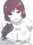  1girl :d blush breast_lift breasts censored deyuuku greyscale hair_ornament hair_over_shoulder hair_scrunchie heavy_breathing hetero large_breasts long_hair looking_at_viewer love_live! love_live!_school_idol_project low-tied_long_hair monochrome nose_blush open_mouth paizuri pov scrunchie shiny shiny_skin smile solo_focus sweat toujou_nozomi 