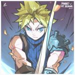  1boy armor bandaged_arm bandages bare_shoulders blonde_hair blue_eyes closed_mouth cloud_strife earrings emphasis_lines eyebrows_visible_through_hair final_fantasy final_fantasy_vii hatching_(texture) highres holding holding_sword holding_weapon jewelry jie-loeng male_focus muscle pauldrons screw shoulder_armor single_earring solo sword turtleneck weapon 