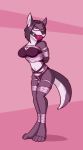  anthro ball_gag bdsm bondage bound bra canid canine canis clothing crotch_rope female gag hi_res looking_at_viewer mammal monochrome panties rope rope_bondage solo standing underwear whistleristler wolf 