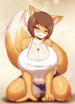  anthro big_breasts blue_bottomwear blue_clothing blue_eyes blue_pants bottomwear breasts brown_hair canid canine clothed clothing ears_up female fox hair hana hi_res mammal one_eye_closed pants pose shirt solo tailzkim topwear white_clothing white_shirt white_topwear wink 