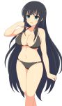  1girl absurdres arm_up bikini black_bikini black_hair blue_eyes breasts cleavage collarbone commentary_request eyebrows_visible_through_hair feet_out_of_frame highres ichiryuu_tsumiki ikaruga_(senran_kagura) large_breasts long_hair navel open_mouth senran_kagura simple_background smile solo stomach swimsuit very_long_hair white_background 