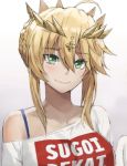  1girl ahoge alternate_costume artoria_pendragon_(all) artoria_pendragon_(lancer) bangs bare_shoulders blonde_hair blush braid breasts collarbone crown eyebrows_visible_through_hair fate/grand_order fate_(series) french_braid green_eyes grey_background hair_between_eyes highres large_breasts long_hair looking_at_viewer meme_attire off-shoulder_shirt off_shoulder shirt sidelocks simple_background smile solo tonee white_shirt 