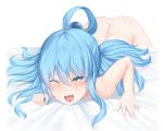  1girl aqua_(konosuba) bed_sheet bent_over blue_eyes blue_hair crying hair_between_eyes half-closed_eyes kono_subarashii_sekai_ni_shukufuku_wo! long_hair nude one_eye_closed open_mouth riuji saliva saliva_trail shiny shiny_skin simple_background solo teeth upper_teeth wet white_background 