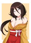  1girl absurdres bare_shoulders border boruto:_naruto_next_generations boruto:_naruto_the_movie breasts brown_background brown_hair byakugan cleavage collarbone hair_between_eyes hakama head_tilt highres hyuuga_hanabi japanese_clothes kimono large_breasts lavender_eyes long_hair looking_at_viewer naruto naruto_(series) no_pupils off-shoulder_kimono orange_kimono pandacross red_hakama smile solo white_border 