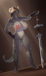  2020 absurd_res anthro areola argonian armor bethesda_softworks big_areola big_breasts breasts clothing devilbluedragon dustmotes female genitals glistening glistening_body gloves glowing glowing_eyes handwear headgear helmet hi_res horn huge_breasts looking_at_viewer melee_weapon navel nipple_piercing nipples nude piercing pink_nipples plantigrade pussy scalie simple_background solo spots standing sword the_elder_scrolls video_games weapon yellow_eyes 
