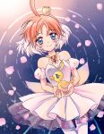  1girl ahiru_(duck) ahoge ballerina bird blue_eyes crown dress duck highres holding_bird huge_ahoge jewelry lying mini_crown necklace on_back orange_hair princess_tutu princess_tutu_(character) ripples smile suzuki_(2red_moon3) thighhighs water white_dress 