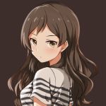  1girl blush brown_background brown_eyes brown_hair from_behind idolmaster idolmaster_million_live! kitazawa_shiho long_hair looking_at_viewer narunaru1320 shirt short_sleeves simple_background solo striped striped_shirt 