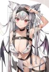  1girl absurdres animal_ears arm_up armpits bandaged_arm bandages bikini black_choker breasts choker cleavage closed_mouth collarbone cowboy_shot demon_wings fox_ears fox_girl fox_tail hair_ribbon highres large_breasts long_hair looking_at_viewer multiple_straps navel original red_eyes ribbon salute silver_hair smile solo standing stomach swimsuit tail very_long_hair white_background white_bikini wings yayoichi_(yoruyoru108) 