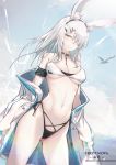  1girl animal_ear_fluff animal_ears arknights ass_visible_through_thighs bangs bare_shoulders bikini bird black_choker black_hairband blue_sky breasts bunny_ears character_name choker commentary cowboy_shot frostnova_(arknights) grey_eyes hair_ornament hair_over_one_eye hairband hairclip jacket long_hair long_sleeves looking_at_viewer medium_breasts mismatched_bikini navel off_shoulder open_clothes open_jacket outdoors silver_hair sky solo standing stomach swimsuit thighs white_bikini white_jacket xion32 