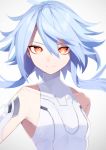  1girl absurdres bare_shoulders blue_hair breasts buran_buta hair_between_eyes highres leotard looking_at_viewer neptune_(series) power_symbol red_eyes short_hair_with_long_locks small_breasts smile solo symbol-shaped_pupils upper_body white_heart white_leotard 