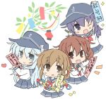  4girls akatsuki_(kantai_collection) anchor_symbol blue_eyes brown_eyes brown_hair chibi flat_cap folded_ponytail hair_ornament hairclip hat hibiki_(kantai_collection) highres hizuki_yayoi ichininmae_no_lady ikazuchi_(kantai_collection) inazuma_(kantai_collection) kantai_collection long_hair multiple_girls neckerchief pleated_skirt purple_eyes purple_hair red_neckwear school_uniform serafuku short_hair silver_hair skirt smile tanabata tanzaku translated upper_body 