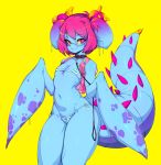  absurd_res backpack bikini blue_body blue_skin clothed clothing collar cteno eyewear female flat_chested glasses hair hi_res humanoid leash looking_at_viewer monster monster_girl_(genre) navel pink_eyes pink_hair short_hair simple_background slugbox smile solo standing swimwear yellow_background yellow_sclera 