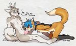  anthro arms_bound bdsm blue_hair blush bondage bound canid canine cervid collar duo f-r95 fellatio fox fur genitals hair knot male male/male mammal nude oral orange_body orange_fur penile penis praise_kink sex white_body white_fur 