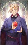  1boy apple blonde_hair closed_mouth crown food fruit hair_between_eyes hakou_(barasensou) highres long_hair long_sleeves looking_at_viewer male_focus purple_eyes school_uniform smile solo twisted_wonderland vil_schoenheit 