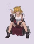  1girl absurdres animal_ears arknights bare_legs black_footwear blonde_hair boots breasts cigarette cleavage facing_viewer highres holding holding_cigarette jacket jacket_on_shoulders leather leather_jacket looking_at_viewer medium_breasts red_shorts shorts siege_(arknights) sitting solo yellow_eyes yurayura 