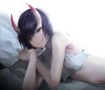  0000_(asd7083) 1girl :q arm_support bare_arms bare_shoulders bed_sheet black_eyes black_hair breasts closed_mouth collarbone eyeshadow fate/grand_order fate_(series) highres horns looking_at_viewer lying makeup navel on_side oni_horns pillow short_hair shuten_douji_(fate/grand_order) skin-covered_horns sleeveless small_breasts smile solo stomach tank_top tongue tongue_out upper_body 