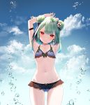  1girl arm_strap armpits arms_behind_head arms_up ass_visible_through_thighs bare_shoulders bikini blue_bikini breasts cloud collarbone cowboy_shot day double_bun earrings frilled_bikini frills green_hair hair_ornament head_tilt highres hololive jewelry looking_at_viewer navel outdoors red_eyes short_hair small_breasts smile solo standing stomach swimsuit thighs uruha_rushia virtual_youtuber wet yasuyuki 