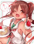  1girl bangs blush brown_eyes brown_hair cake dated dress fang food fruit hair_ribbon heart holding holding_plate holding_spoon kantai_collection libeccio_(kantai_collection) long_hair megane_poni one_eye_closed open_mouth plate ribbon sailor_collar sailor_dress simple_background skin_fang solo spoon strawberry striped striped_neckwear twintails twitter_username 